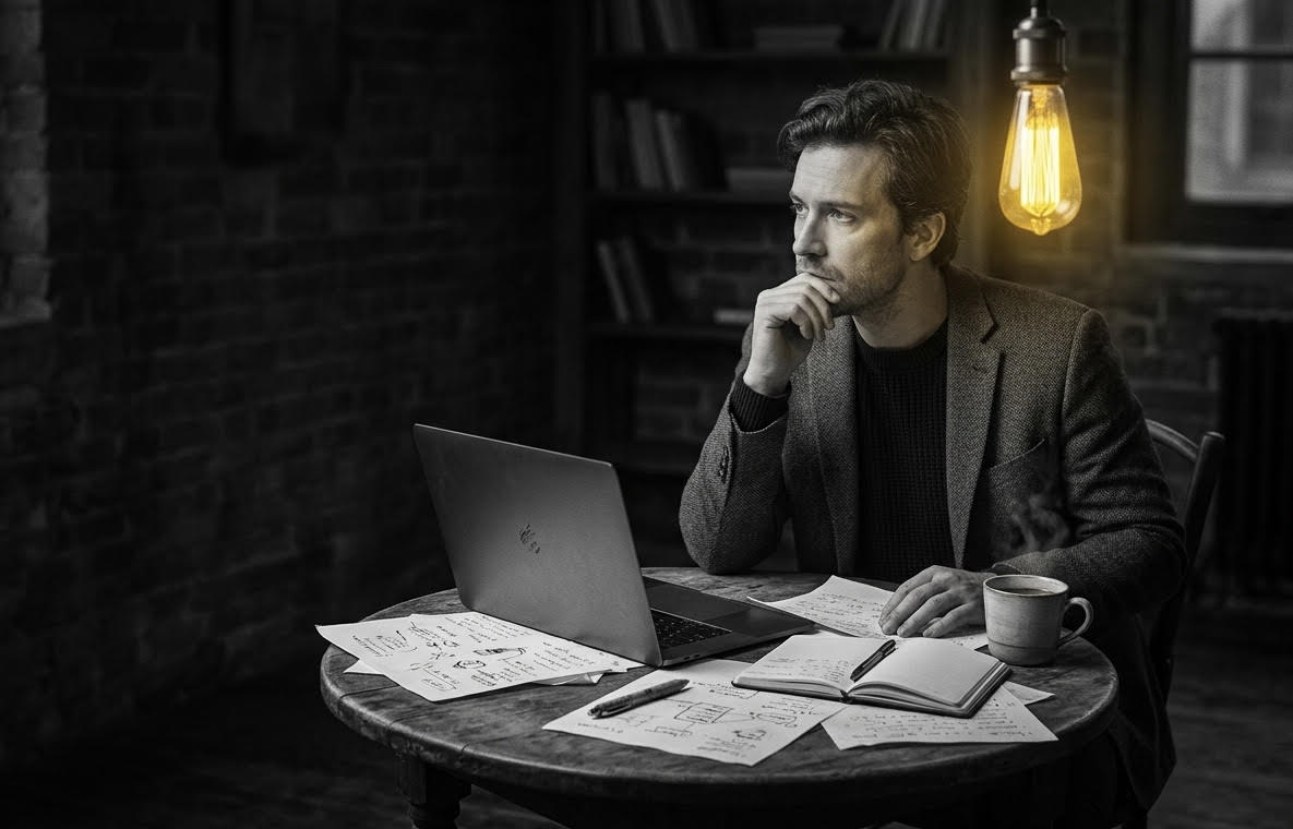 Thoughtful founder working late at a desk, used as a visual for DomainGravitas branding insights.